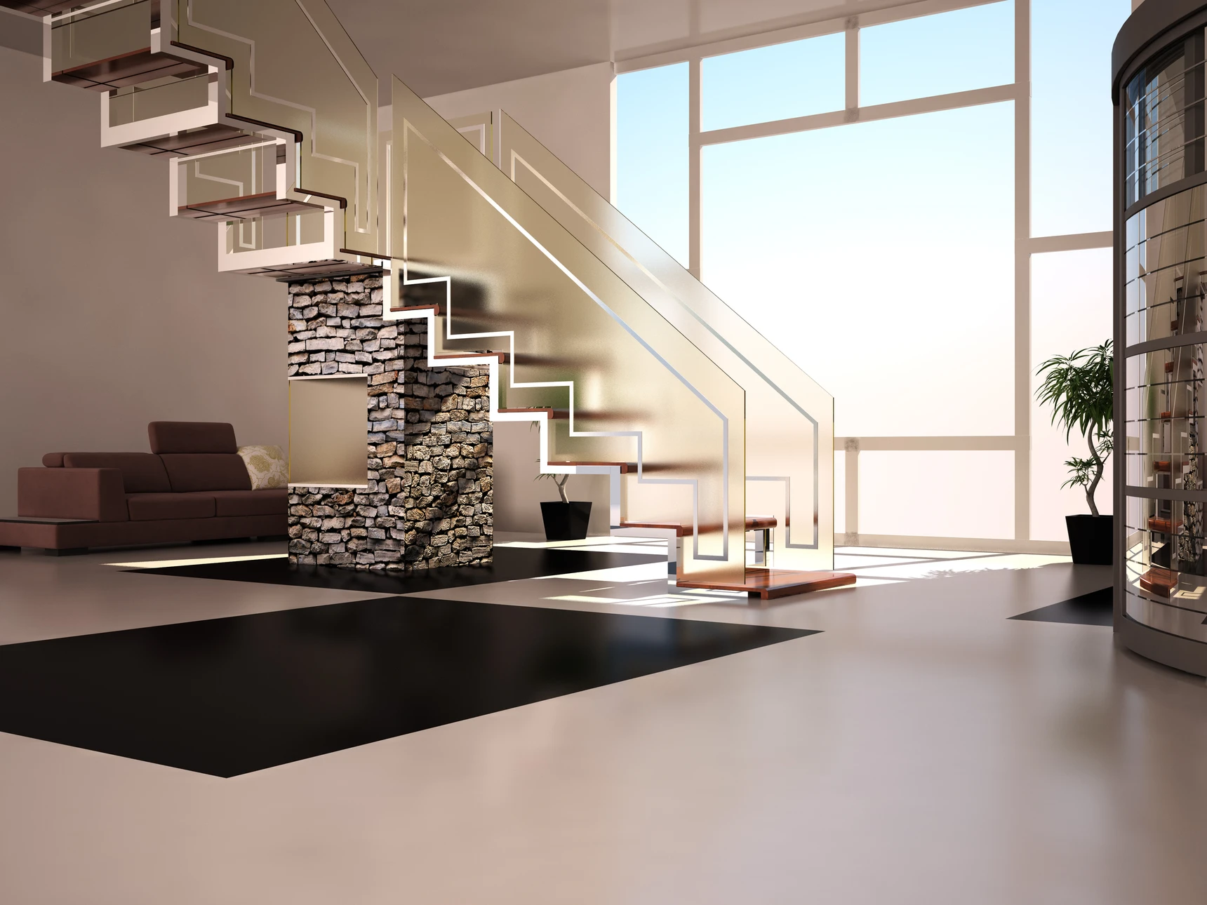 Intérieur contemporain avec escalier suspendu à structure métallique et marches en bois