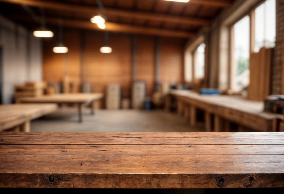 Atelier de menuiserie avec établis en bois, outils de travail du bois et équipements professionnels